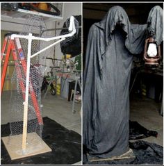 two pictures side by side one with a light and the other with a ghost costume