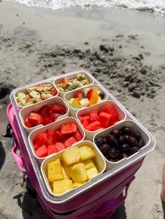 a plastic container filled with lots of different types of food on top of a beach