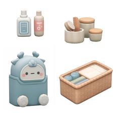 an assortment of bathroom items including toothbrush, soap and other things