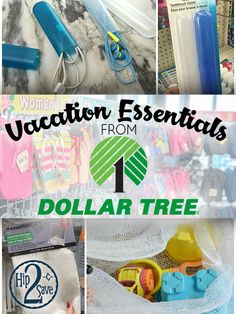 there are many different items in this collage with the words vacation essentials from dollar tree