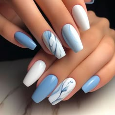 Blue And White Nails, Simple Gel Nails, Casual Nails, Blue Nail, Short Acrylic Nails Designs, روتين العناية بالبشرة, Fancy Nails, Nail Arts