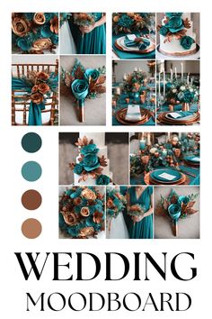 wedding mood board with teal and brown flowers