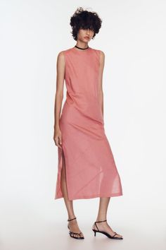 LINEN BLEND MIDI DRESS - Chalk pink | ZARA United States Summer Wishlist, Combination Dresses, Leather Shirt Dress, White Sequin Dress, Zara Midi Dress, Belted Wrap Dress, Strappy Midi Dress, Draped Midi Dresses, Purple Midi Dress