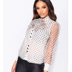 Bow Blouse Black White Is Like A Beige White Polka Dot Organza Sheer Back Regular Fit Approx Length Is 62cm Based On A Uk Size 10 Model Is 5ft 7" & Wears Uk Size 8/Eu Size 38/Us Size 4/Aus Size 8 100% Polyester Machine Washable ***All Sizes Listed On Poshmark Are Us Sizes*** Size 10 Models, Bow Blouse, Denim Button Down, Women Outfits, Black White Fashion, Distressed Black Jeans, Poplin Shirt, Black Polka Dot, Blouse Black