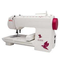 the sewing machine is white and has red trim on it's head, with an origami logo on the side