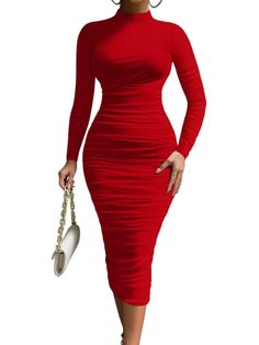 PRICES MAY VARY. Feature: Sexy,Long Sleeve,High Neck,Mesh Ruched,Back Zipper,Solid Color,Stretchy, Midi, Long Dresses. Fabrics: Polyester and Spandex. Good elasticity,Soft and comfortable to wear,Breathable,Not see through,Good for the skin. Size:S=USA 4-6,M=8-10,L=12-14,XL=16-18,XXL=20-22. Size dimension details mentioned in description.Please check it before you buy! Occasion: Sexy and Elegant Dress, perfect for summer and fall, you can wear it for your party, cocktail, casual ,club, brunch, p Long Sleeve Red Dress Formal, Guest Dress For Wedding Winter, Christmas Dinner Dresses, Red Party Outfit Night, Red Knit Dress Outfit, How To Style Red Dress, Winter Dress Formal, Christmas Dress Women Classy, Black Dress Red Heels