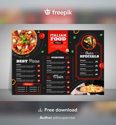 a pizza menu is shown with the italian food logo on it and an image of a pizza