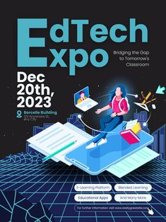 an advertisement for the edtech expo with a man sitting on top of a laptop