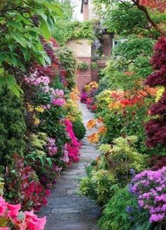 a garden with lots of colorful flowers on the side of it and a brick walkway leading to