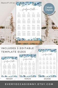 Wedding seating chart template with blue floral around white background. Elegant scripted font with long tails and a modern sans-serif font for text body. Different sizes displayed with 6, 12 and 20 tables set up. Fully editable. Boho Wedding Seating Chart, Party Seating Chart, Boho Wedding Seating, Powder Blue Wedding, Wedding Table Seating Chart, Bohemian Bridal Shower, Party Seating, Wedding Table Seating, Table Seating Chart