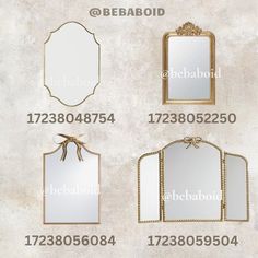 various mirrors and plaques are shown in gold, white and black colors with bows on them