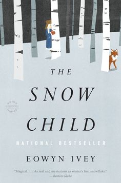 the book cover for the snow child by ewn ivey, with an illustration of two people walking through a snowy forest