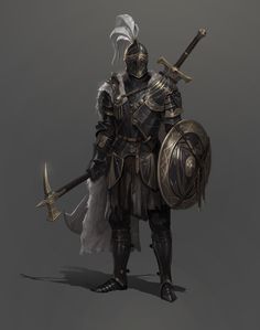 a man dressed in armor and holding two swords