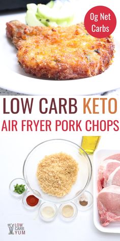 low carb keto air fryer pork chops on a white plate with the words low carb keto air fryer pork chops