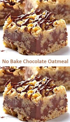 no bake chocolate oatmeal bars are stacked on top of each other