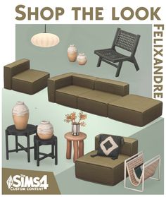 an advertisement for a living room with furniture and accessories on it's display shelf