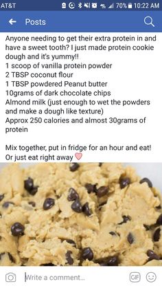 a cookie with chocolate chips on it and the recipe in the bottom right hand corner