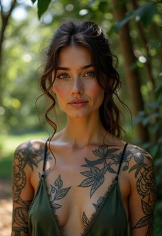 a beautiful woman with tattoos on her chest and arms standing in front of some trees