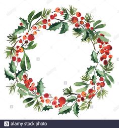 a watercolor christmas wreath with holly and red berries on the front, surrounded by green leaves