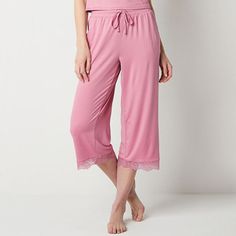 This pair of Ambrielle women�s pajama capri pants are made from soft stretch-jersey with a comfy elastic-waist, a lace trim, and side slip pockets. Team them with a pajama top from the brands collection.Features: Lace Trim, Stretch FabricClosure Type: Drawstring, Full ElasticPockets: 2 Side Slip PocketsApparel Length: 33 InchesFiber Content: 95% Polyester, 5% SpandexFabric Description: JerseyInseam: 21 InCare: Tumble Dry, Machine WashCountry of Origin: Imported Stretch Capris For Spring Loungewear, Spring Stretch Capris For Loungewear, Loungewear Capris With Elastic Waistband, Womens Pajamas Pants, Pajama Top, Pajamas Women, Lace Trim, Stretch Fabric, Capri Pants