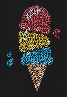 an ice cream cone is made up of many different colored dots and shapes on black background