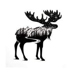 a drawing of a moose with trees on it's back and mountains in the background