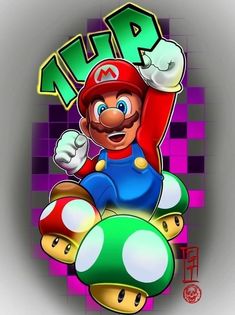 an image of mario on top of a mushroom with the letter n in the background