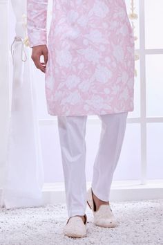 Pastel pink straight kurta with contrasting floral prints. Comes with solid pyjama. - Aza Fashions Pink Cotton Lawn Suit With Dabka, Pink Cotton Lawn Suit With Dabka Embroidery, Pink Floral Print Lawn Suit For Eid, Fitted Pink Lawn Suit With Floral Print, Pink Lawn Suit With Floral Print Straight Kurta, Elegant Pink Lawn Suit With Floral Print, Elegant Pink Floral Print Lawn Suit, Elegant Pink Floral Lawn Suit, Pink Cotton Dabka Sets