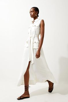 Viscose Linen Sleeveless Maxi Shirt Dress | Karen Millen Elegant Shirt Dress, Latest Maxi Dresses, Maxi Dress Collection, Ladies Clothes Fashion, Maxi Shirts, Wrap Belt, Ladies Clothes, Belt Design, Maxi Shirt Dress