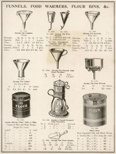 an old advertisement for funnels, food warmers, flour bins and ice buckets