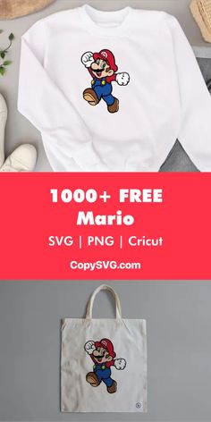 an image of a bag with mario on it and the words, 100 + free mario svg / png cricut