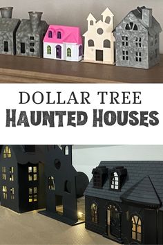 dollar tree halloween houses with text overlay that says dollar tree haunted houses on top