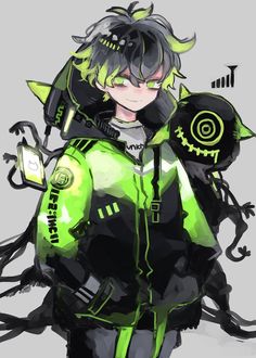 an anime character with green hair and black eyes holding a cell phone in his hand