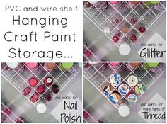 there are three pictures of different craft paint storages in the same area, and one is labeled pwc and wire shelf hanging craft paint storage