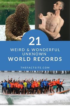 the words weird and wonderful unknown world records are in front of an image of a group of people