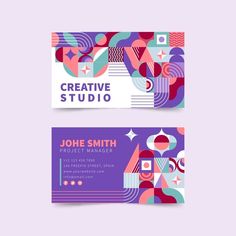 two colorful business cards with abstract shapes on the front and back, one is for creative studio