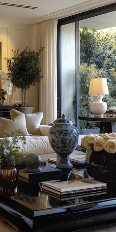 a living room filled with lots of furniture and flowers on top of a coffee table