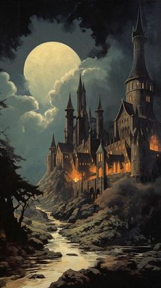 a painting of a castle on a hill at night