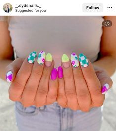 Nail Designs Neon Colors, Funky Mismatched Nails, Summer Checkered Nails, Fun Summer Nails 2024, Colorful Nails Design, Checkered Nails, Western Nails, Summer Toe Nails