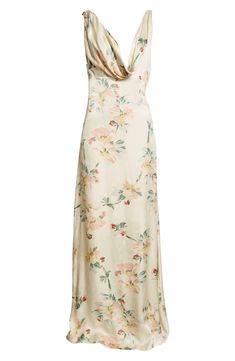 Artful construction that seemingly defies physics defines the beguilingly twisted bodice of this maxi cut from floral-print satin in a fitted-to-flowing design. 58 1/2" length (size 4US/36EU) Hidden back-zip closure Cowled deep V-neck Sleeveless Partially lined 100% viscose Dry clean Made in Portugal Designer Clothing Floral Maxi Dress Casual, Floral Silk Bridesmaid Dresses, Elegant Loose Dresses, Summer 2024 Outfit, Dream Clothes Summer, Dress Summer Aesthetic, Floral Dress Aesthetic, Chiffon Sundress, Floral Satin Dress