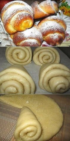 several different types of pastries are shown in three separate pictures, one is filled with powdered sugar and the other has rolled up