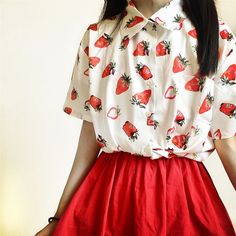 *Free Ship* Strawberry Printed Blouse sold by Tony Moly Store on Storenvy Strawberry Print Clothes, Strawberry Themed Clothes, Cute Strawberry Outfit, Strawberry Clothes Aesthetic, Strawberry Milk Outfit, Strawberry Themed Outfit, Small Bust Outfits, Strawberry Inspired Outfit, Strawberry Aesthetic Outfit