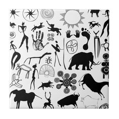 black and white art print with various animals, people and other things in the background