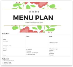 a menu with flowers on it and the words menu plan written in white letters,