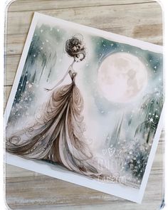 a card with an image of a woman in a dress and the moon behind her