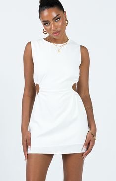 Indulge in breezy summer vibes with the Mayzie Mini Dress from Princess Polly. Crafted from lightweight and breathable linen fabric, this dress is perfect for warm-weather adventures. Its high crew neckline adds a touch of sophistication, while the cutout cinched side details inject a hint of allure. 

Sizing: XXS (US 0 / AU 4), XS (US 2 / AU 6), SML (US 4 / AU 8), MED (US 6 / AU 10), LRG (US 8 / AU 12), XL (US 10 / AU 14), XXL (US 12 / AU 16) 


	Unlined
	Woven fabric
	Non-stretch
	Crew neckline
	Sleeveless
	Cinched cutout sides
	Hidden back zipper closure
	70% cotton, 30% linen
	Machine washable
	Model is wearing a size US 4 4 Princess, Brunch Dress, Mini Dress White, Linen Material, Loungewear Sets, Invisible Zip, Casual Tank Tops, Spring Dress, Linen Dresses