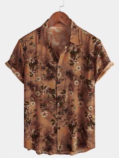 Men's Retro Floral Brown Summer Holiday Short Sleeve Shirt – Atlanl Summer Short Sleeve Shirt With Casual Collar, Casual Collar Short Sleeve Shirt For Summer, Brown Casual Collar Top For Summer, Brown Summer Top With Casual Collar, Summer Beach Short Sleeve Shirt With Button Closure, Brown Summer Shirt With Casual Collar, Brown Casual Collar Shirt For Summer, Brown Casual Collar Summer Shirt, Spring Hawaiian Cotton Short Sleeve Shirt