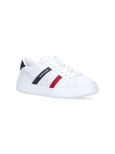 Moncler 'Monaco M' sneakers in white leather with round toe, lace-up closure, tonal logo on the tongue, tricolor striped logo detail on the sides, blue leather back tab, contrast logo detail at the back, white rubber sole. Classic White Sneakers With Elastic Laces, White Sneakers With Signature Stripes For Streetwear, Sporty Sneakers With Signature Stripes For Streetwear, Sporty Streetwear Sneakers With Signature Stripes, White Low-top Sneakers With Signature Stripes, White Sneakers With Signature Stripes And Round Toe, Sporty Sneakers With Signature Stripes And Round Toe, White Round Toe Sneakers With Signature Stripes, White Casual Sneakers With Signature Stripes