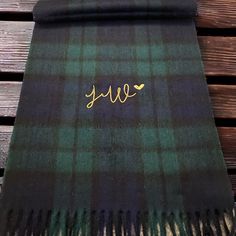 Edinburgh Lambswool Personalised Green Tartan Checked Scarf x  The initials and heart are embroidered with a beautiful honey gold embroidery thread.  The scarf is 100% Lambswool.  Size: 56 inch x 12 inch Cosy and warm with an extra soft finish. This beautifully crafted lambswool scarf is a key accessory to your winter wardrobe.  Wrap it over your outerwear as the weather turns colder to instantly add a stylish finish.  Edinburgh Lambswool uses only the finest lambswool in the production of their knitwear which has strong natural qualities and is soft and comfortable to wear. With reasonable care your garment will last for many years. Please add the initials you would like embroidering. Everything is made to order and I do endeavour to get orders made and sent out as quickly as I can. Thank Embroidery Scarf, Personalized Scarves, Scarf Ideas, Green Tartan, Embroidered Scarf, Checked Scarf, Key Accessories, Gold Embroidery, Scarf Men