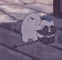 an animated image of two bears hugging each other in the middle of a rocky area